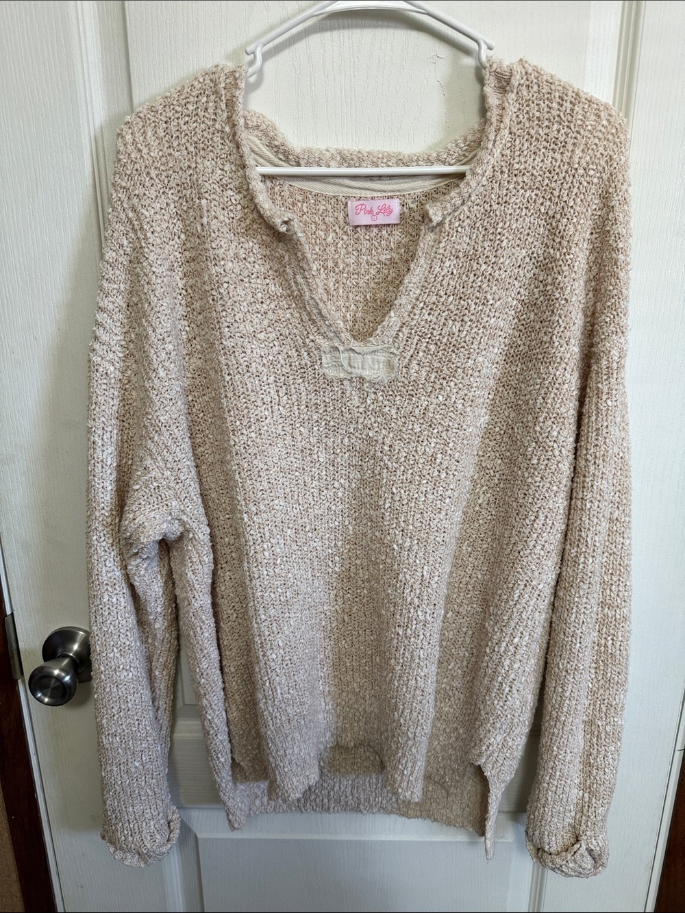 Pink Lily Beige Cozy V-Neck Knit Sweater
